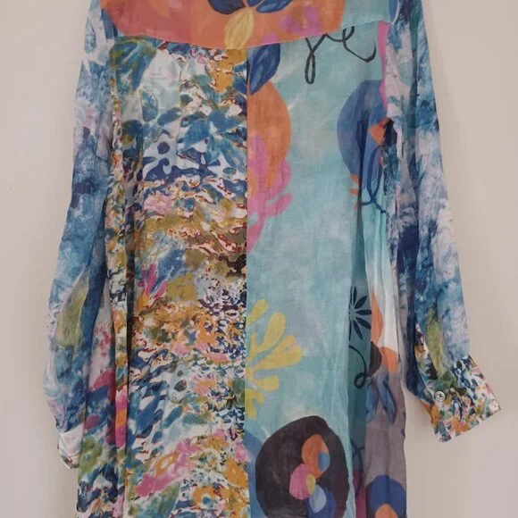 ohn Mark Women Small Sheer Tunic Blouse Abstract Floral Button Front Boho - Picture 6 of 7